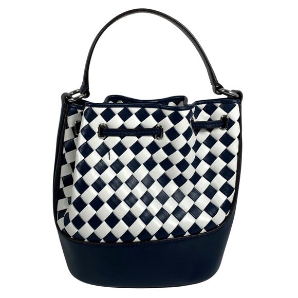 MICHAEL KORS Reed Belted Bucket Messenger Bag Navy/White Checkered Leather + Fob - Picture 3 of 10